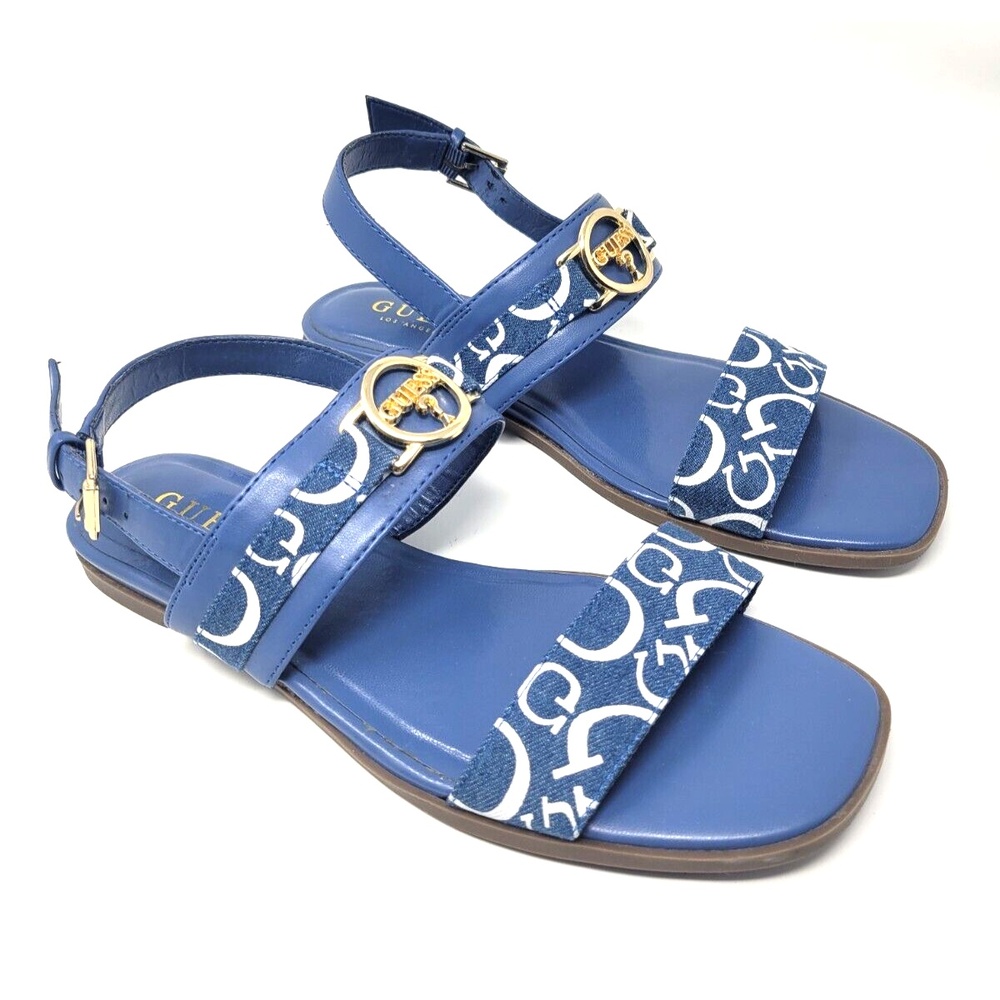 GUESS Monogram Strappy Flat Sandals Women's 6.5 Metallic Logo Resortwear Vibe